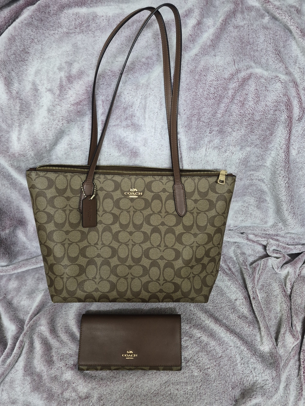 Coach Signature Brown Tote Bag with Matching Wallet